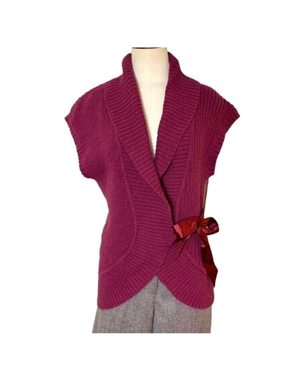 𝅺jackpot Knit Sweater Vest Wrap Berry Red Cotton Alpaca Blend Satin Belt Sz XS